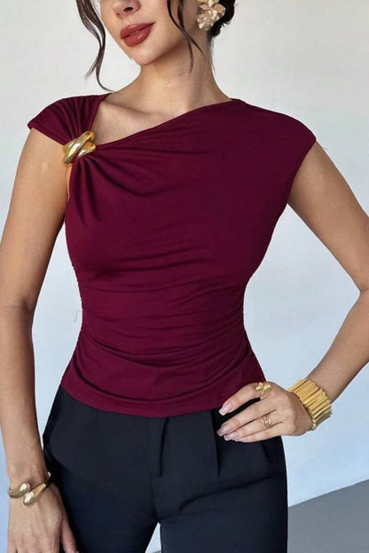 Metal Buckle Asymmetrical Ruched Sleeveless Top