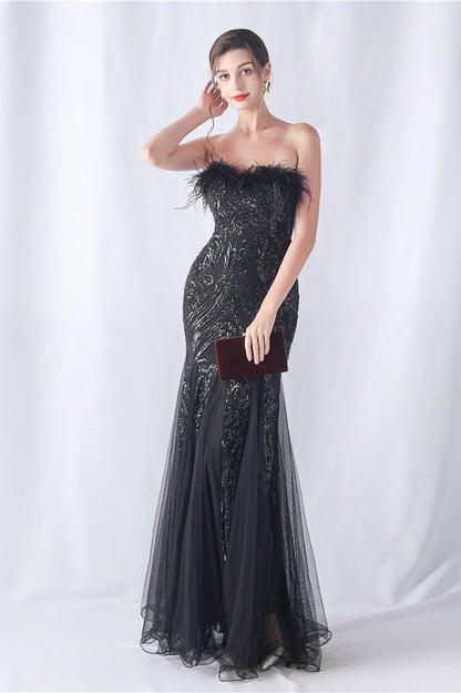 Ostrich Feather Sequin Evening Party Dress