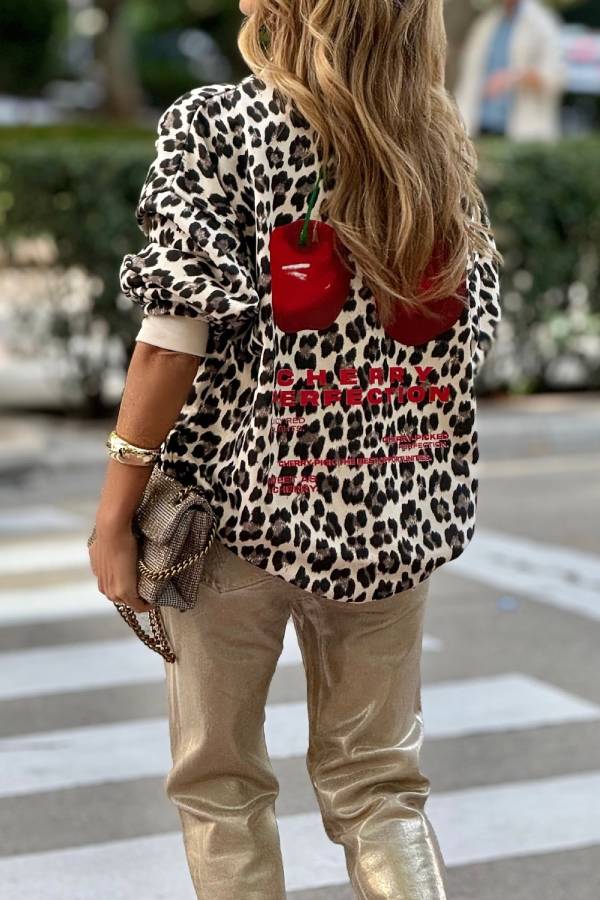 Leopard print cherry print oversized sweatshirt