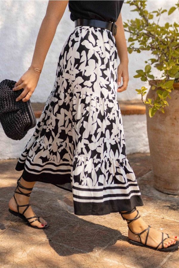Resort Style Botanical Print Elastic Waist Loose Stitching Midi Skirt