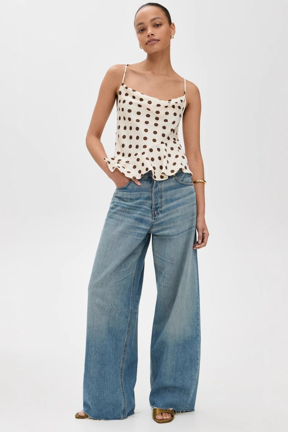 Polka Dot Ruffle Strap Cami Top
