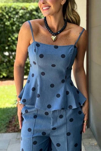 Jolene linen blend Polka Dot Print Flare Hem Slip Top and Pocket Wide Leg Pants Set