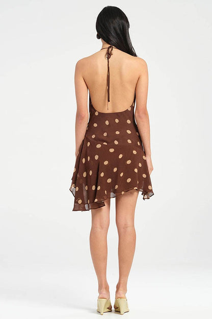 Polka Dot Halter Cowl Neck Ruffle Hem Mini Dress