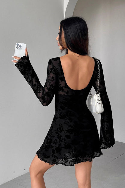 Flocked Floral Cutout Bow Long Sleeve Floral Dress