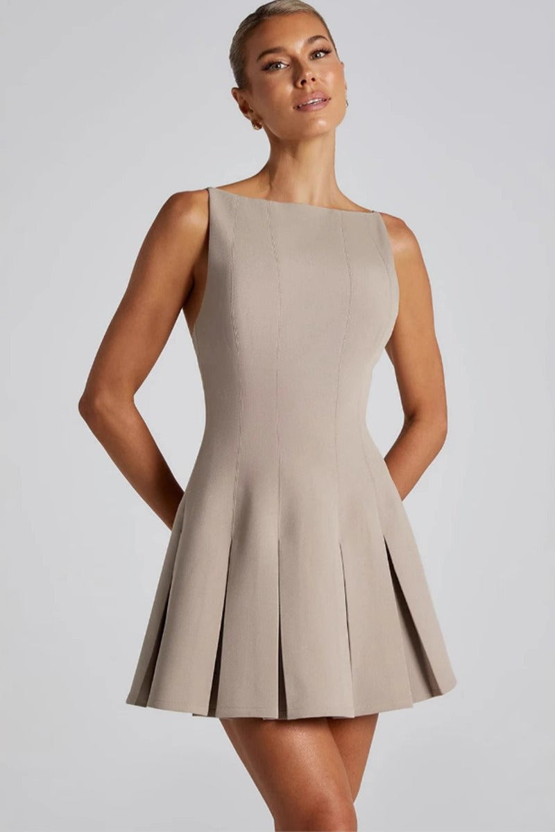 Simple Solid Sleeveless Loose Fit Ruched Waist Cocktail Dress
