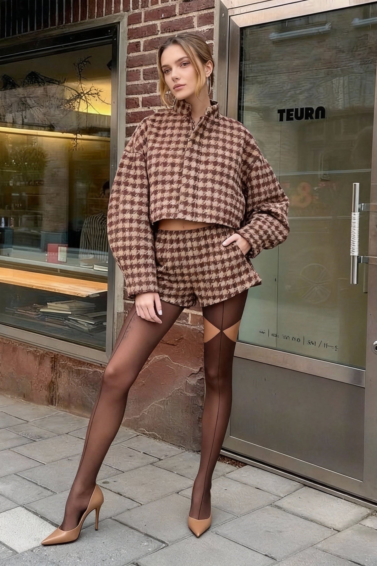 Vintage Houndstooth Zip Jacket and Shorts Two Piece Set
