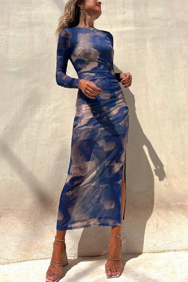 Abstract Tie Dye Print Ruched Side Slit Long Sleeve Midi Dress