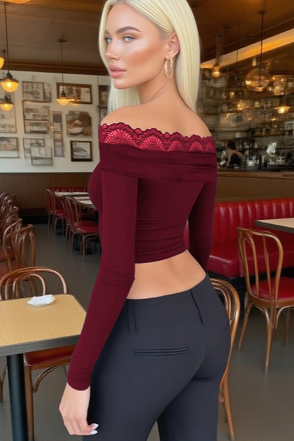 Lace Off Shoulder Long Sleeve Chic Versatile Crop Top