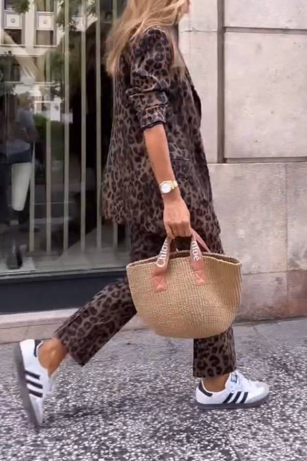 Retro wild leopard print suit cropped pants two-piece suit