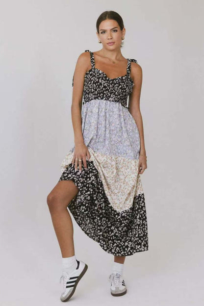 Gingham Patchwork Floral Print Boho Dress