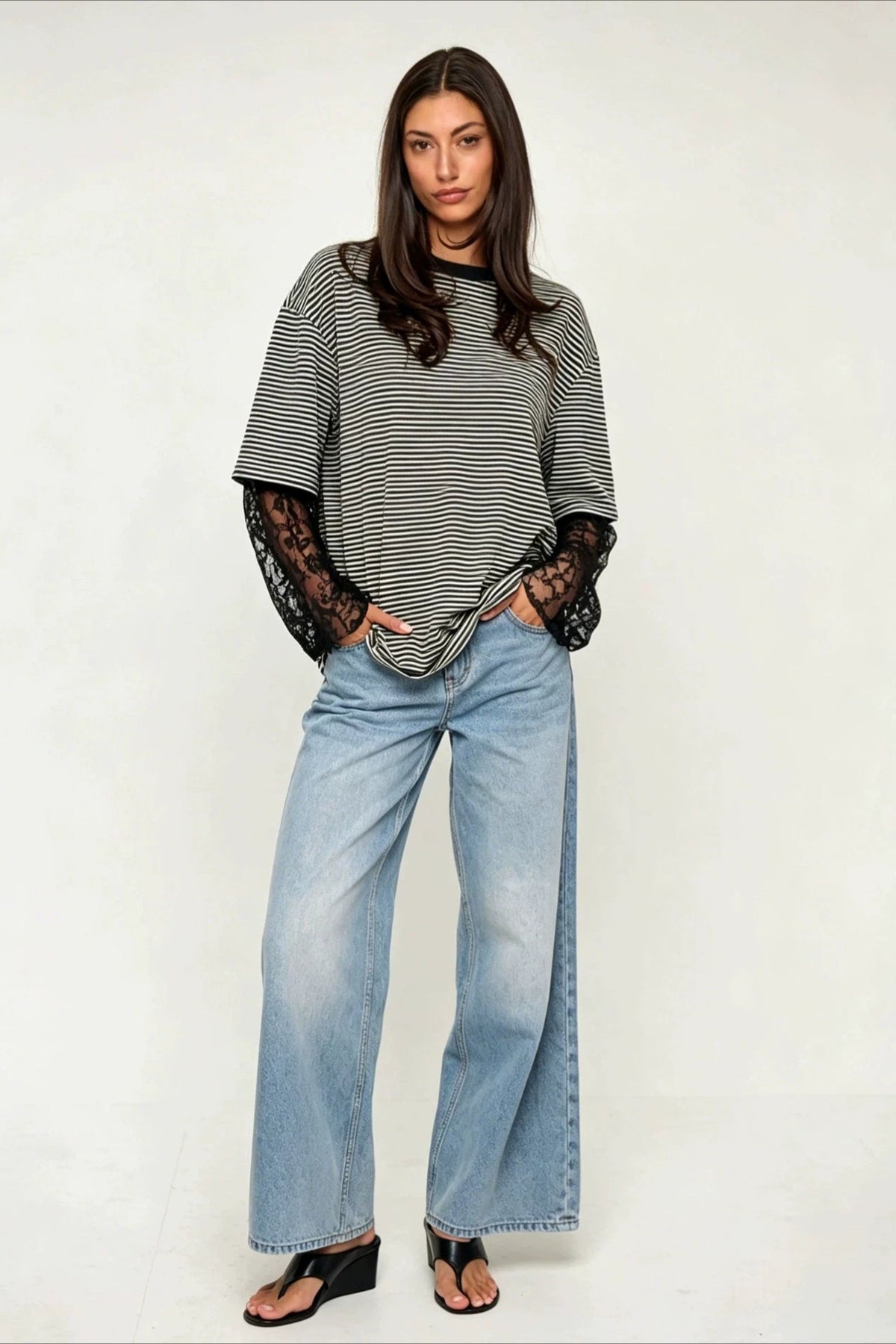 Lace Sleeve Striped Layered Tee