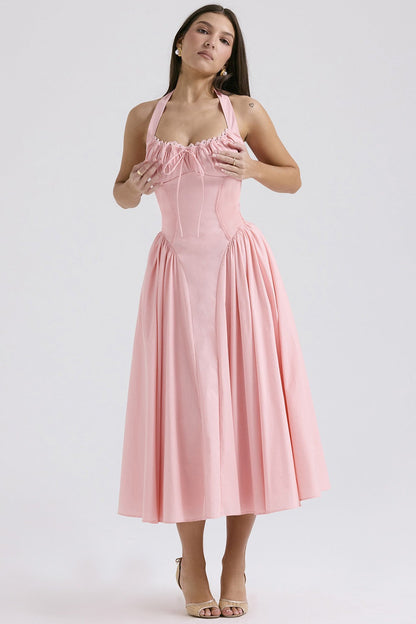 Floral Halter Lace Trim Long Sleeveless Prom Dress