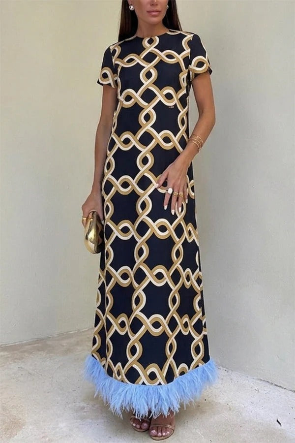 Annalisa Satin Court Style Contrast Color Printed Short Sleeve Pocket Feather Trim Maxi Dress