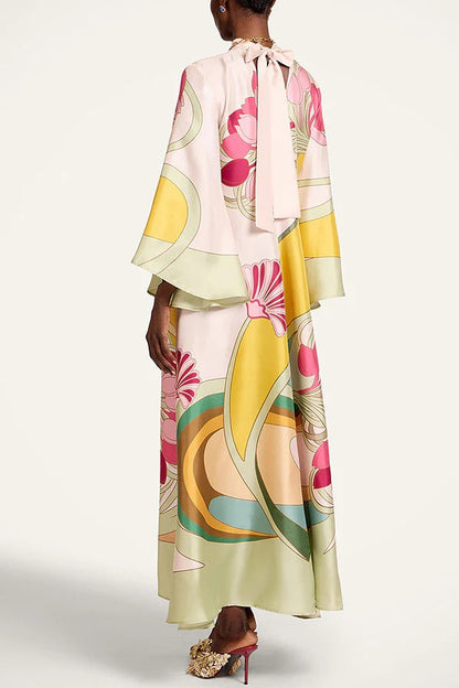 Darla Satin Colorful Baroque Style Printed Tie-up Neck Bell Sleeve Maxi Dress
