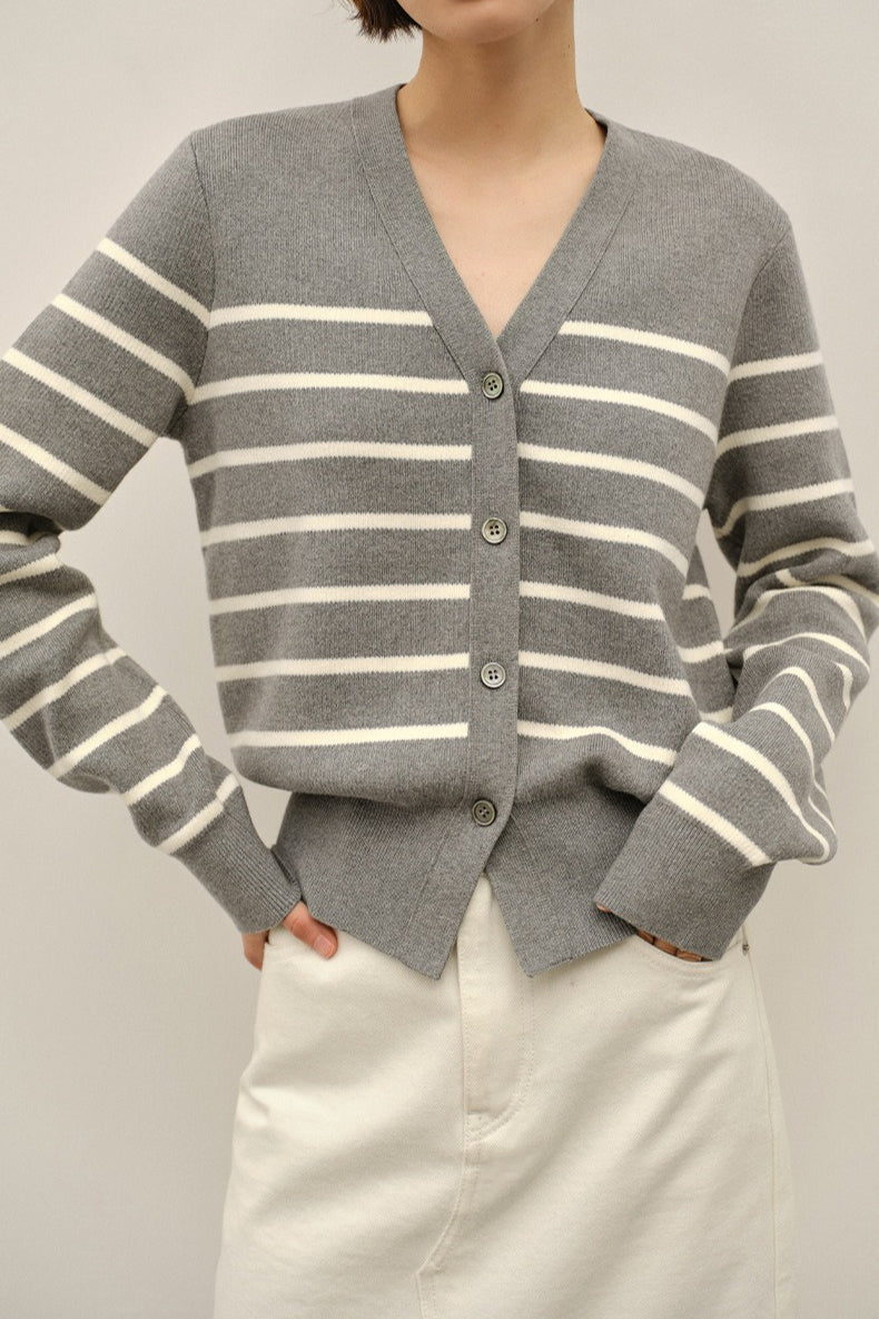 V Neck Stripe Knit Cardigan