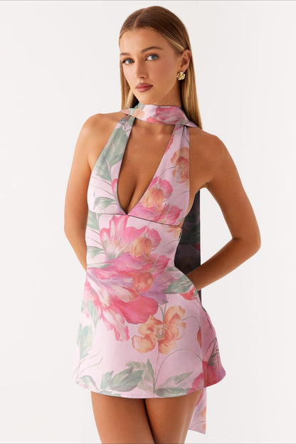 Deep V Neck Backless Tie Detail Mini Floral Dress