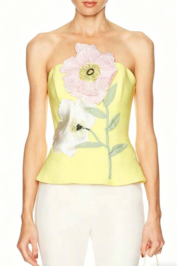 Create Beauty Flower Appliques Off Shoulder Tailored Waist Tank Top