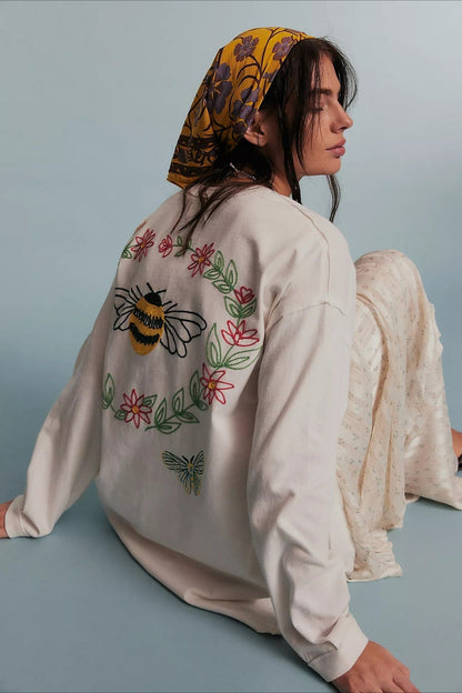 Floral Bee Embroidered Crew Neck Sweatshirt