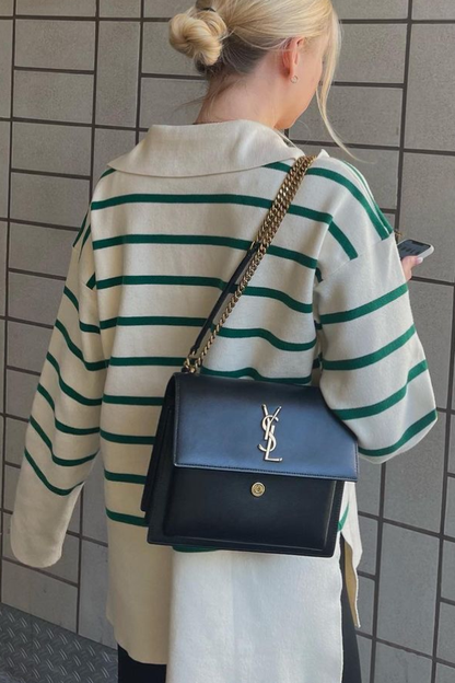 Loose-fitting Striped Sweater with Lapel Collar