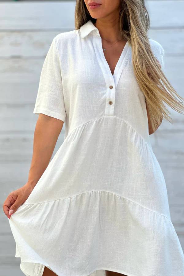 Linen-Blend Shirt Collar Half-Placket Tiered Dress