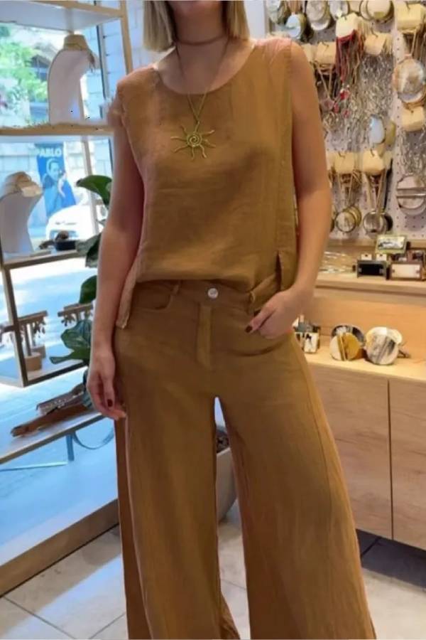 Cotton and linen solid color sleeveless trousers two-piece suit