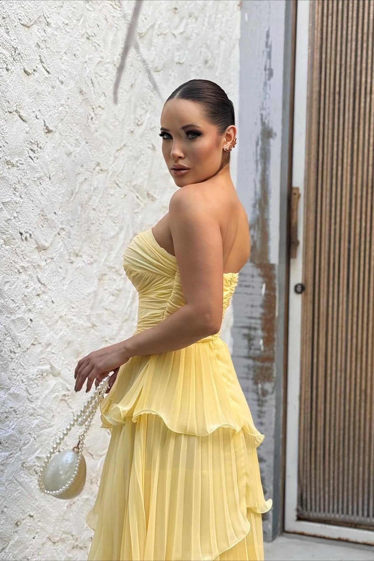 Solid Ruched Tiered Strapless Slim Fit Elegant Prom Dress