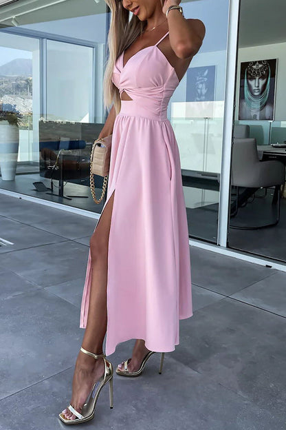 Twist Front Cutout Spaghetti Strap Pocket Side Slit A-Line Midi Dress