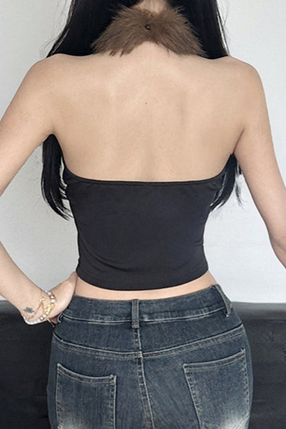 Faux Fur Collar Halter Knit Top