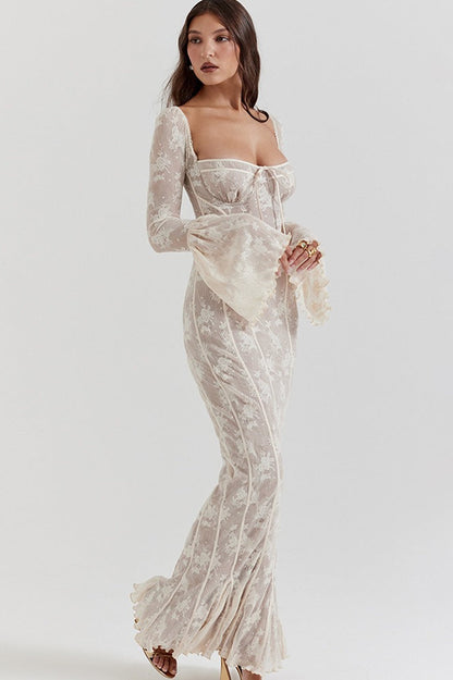 Lace Square Neck Milkmaid Tie Front Corset Seam Bell Sleeve Mermaid Maxi Dress