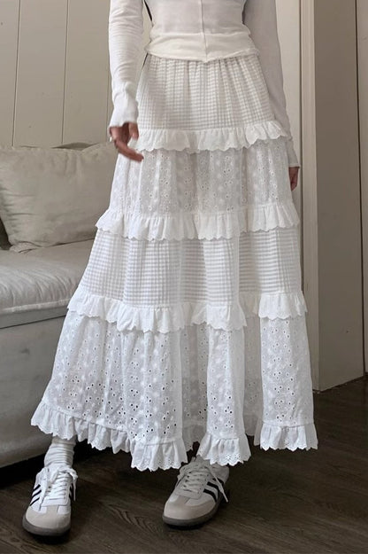 White Lace Tiered High Waist Boho Skirt