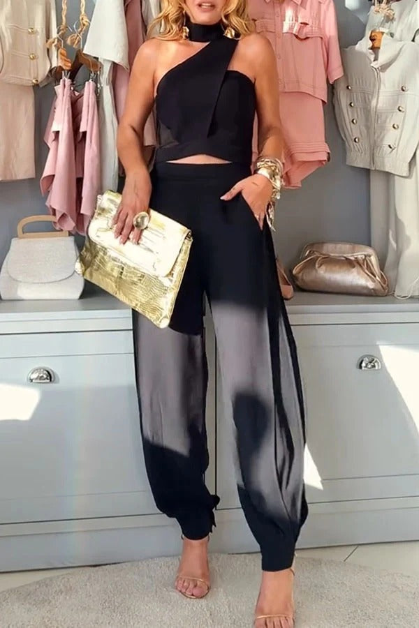 Unique Charm Irregular Button Halter Crop Tank and Elastic Waist Tulle Patchwork Pocket Lantern Pants Set