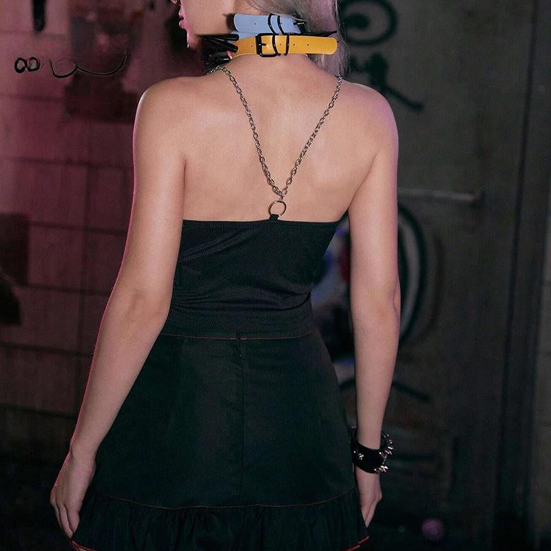 Mysterious Chain Black Cross Print Black Crop Top