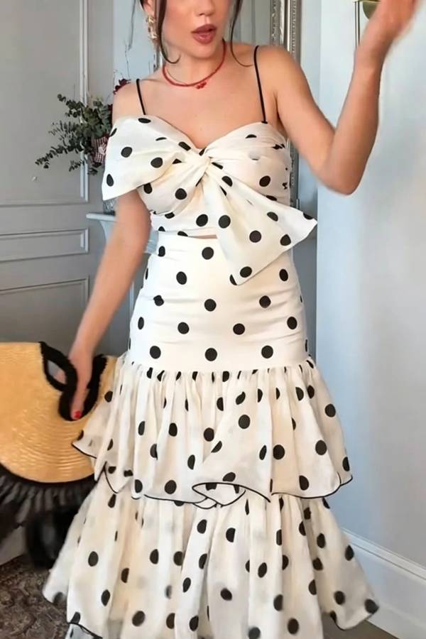 Gerrie Linen Blend Polka Dot Bow Smocked Top and High Rise Tiered Hem Maxi Skirt Set