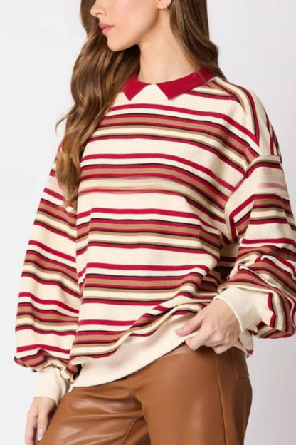 Striped Lapel Long-sleeved Top Loose Casual Sweatshirt