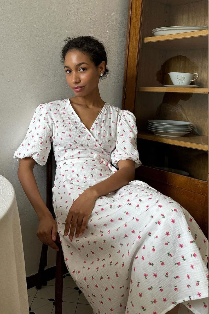 Cotton Printed V Neck Puff Sleeve Floral Dress