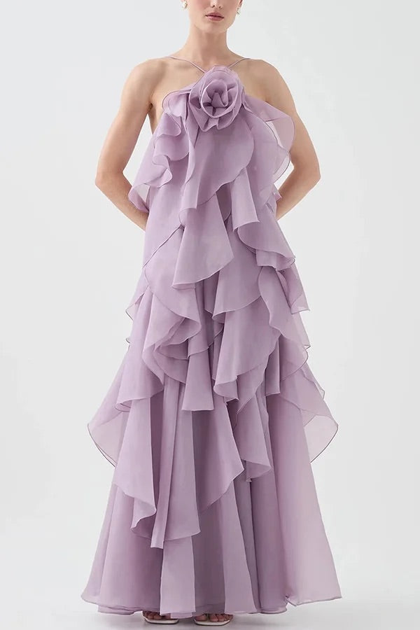 Free - Flowing Rose Detail Tiered Ruffles Halter A-line Maxi Dress