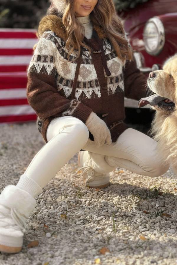 Christmas Fireplace Patterned Cardigan with Fur