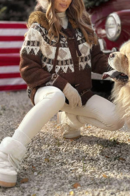 Christmas Fireplace Patterned Cardigan with Fur