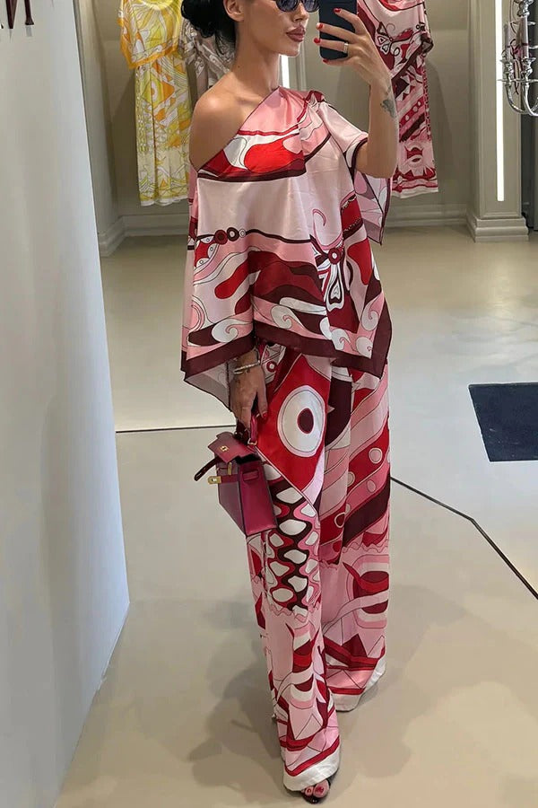 Luxe Resort Satin Unique Print Cape-style Top and Elastic Waist Pocket Wide Leg Pants Set