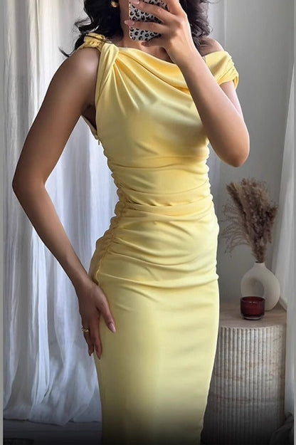 Asymmetrical Shoulder Ruched Sleeveless Bodycon Formal Dress