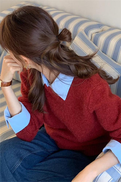 Layered Look Collared Knit Sweater