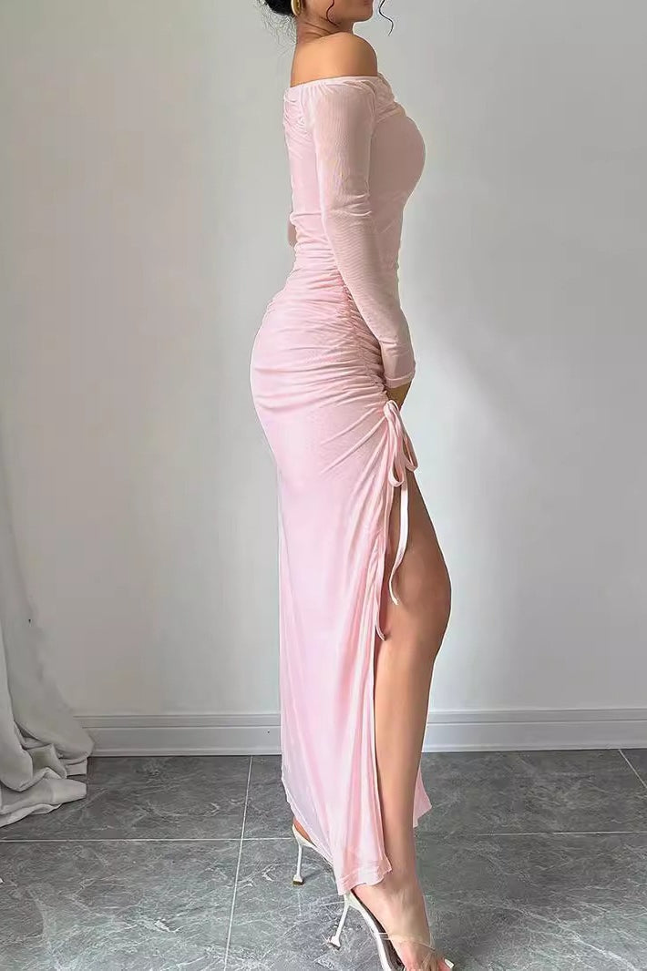 Sweet One Shoulder Mesh Long-Sleeve Slit Bodycon Dress