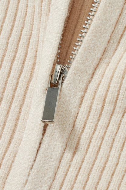 Ribbed Knit Zip-Up Stand Collar Cardigan