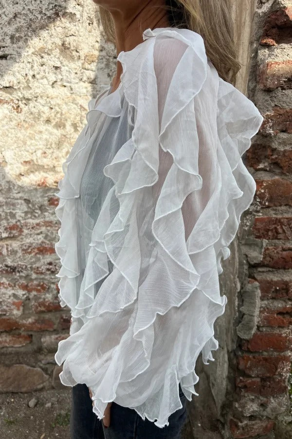 Solid Color Chiffon Ruffled V-neck Patchwork Top