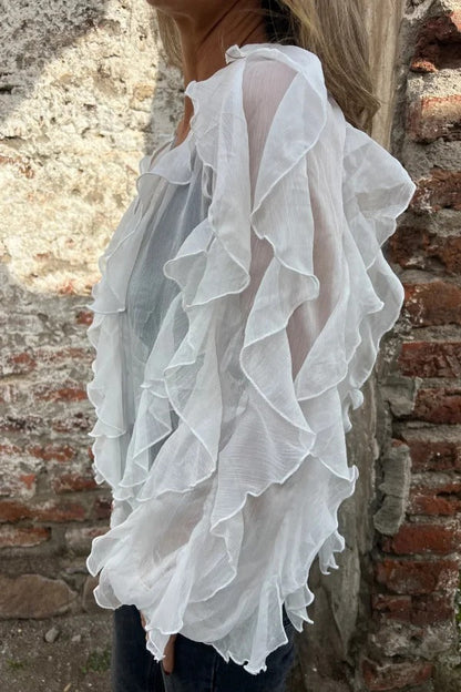 Solid Color Chiffon Ruffled V-neck Patchwork Top