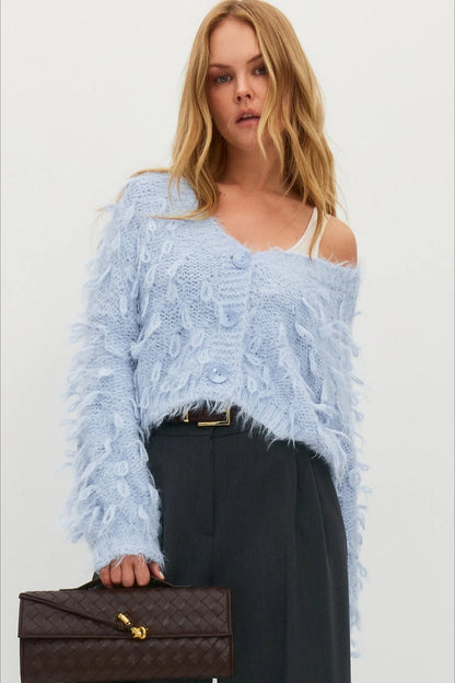 Slouchy V-Neck Tasseled Loose Solid Sweater