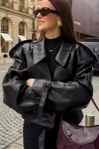 Retro Notch Lapel Vegan Leather Coat