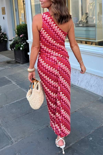 Ansela Knit Wave Unique Print One Shoulder Top and Stretch Maxi Skirt Set