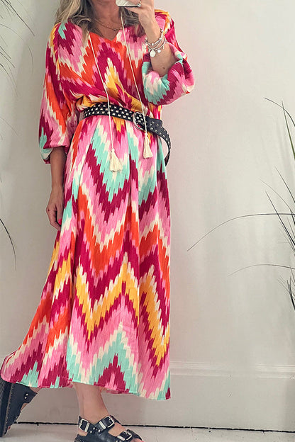 GROOVY Fashion striped v-neck puff sleeve fringed dress