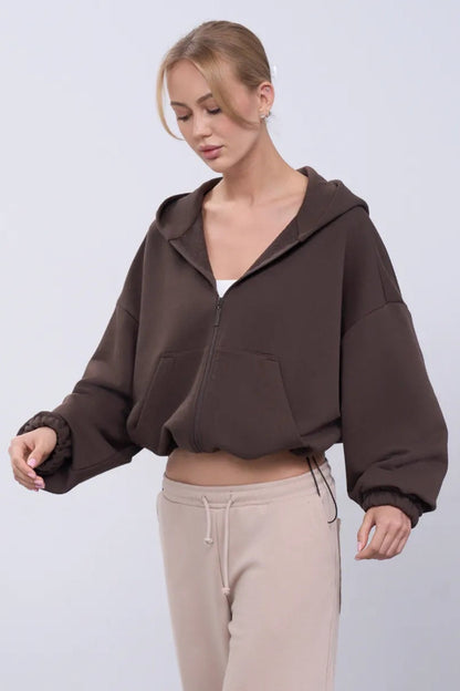 Cropped Fleece Zip Adjustable Waist Hoodie
